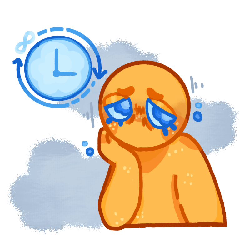 A drawing of a yellow person with halfway shut blue eyes looking fatigued. They are leaning their head on their hand. Around them are semi transparent grey clouds. There is a blue clock above persons head with arows and a infinity symbol around the clock to symbolize chronic.